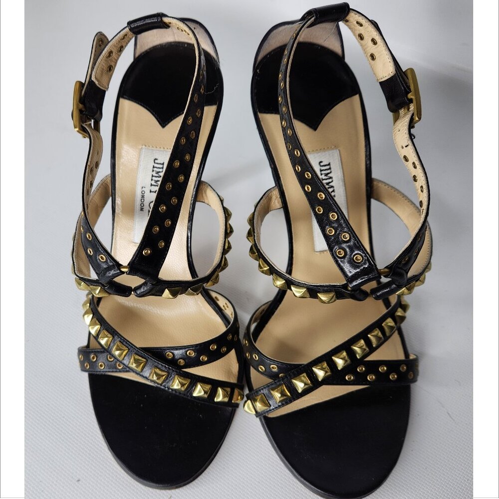 JIMMY CHOO vintage 38.5 black Leather gold Stud Stiletto strap Sandals Authentic - Picture 3 of 6